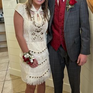 Avizo Brazilian Made Heavily Embellished Off White Lace and Fringe Dress